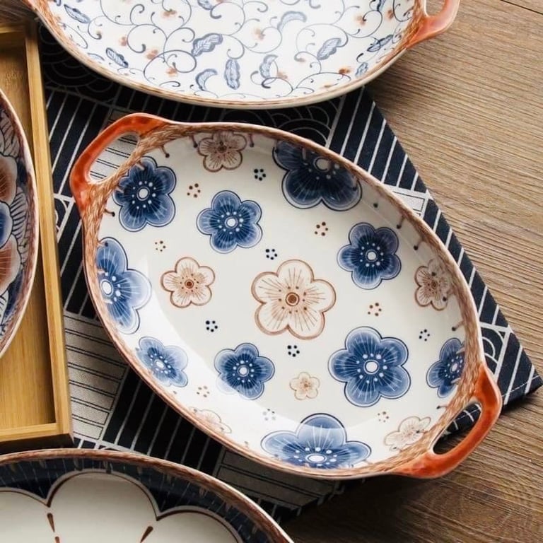 Đĩa sứ 2 quai tai cá phong cách Nhật Bản