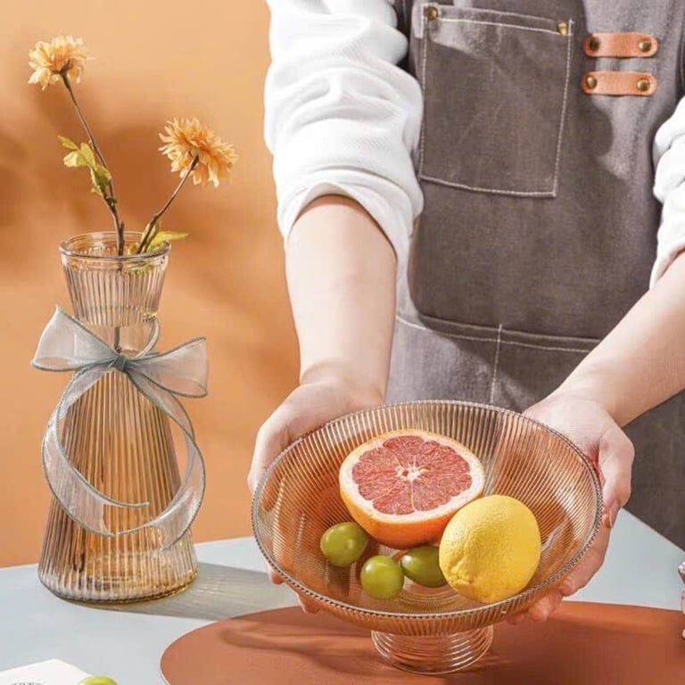 SET LỌ HOA + KHAY TRÁI CÂY THỦY TINH ĐẾ CAO ÁNH VÀNG HỔ PHÁCH