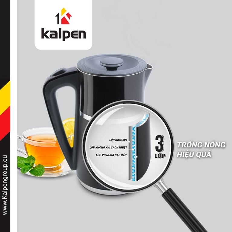 Ấm Đun Nước Siêu Tốc 3 Lớp Kalpen KK33, 1.7L-2200W
