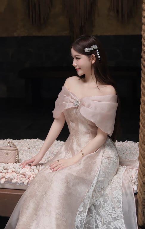 AD trễ vai nơ be lót ren S/M/L