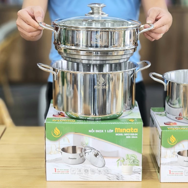 Xửng hấp 3 nấc inox - kèm VUNG KÍNH Minata size 24cm