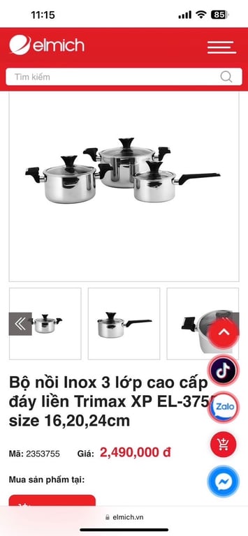 Bộ nồi inox 3lớp cao cấp đáy liền elmich trimax xp el- 3755 size 16-20-24cm
