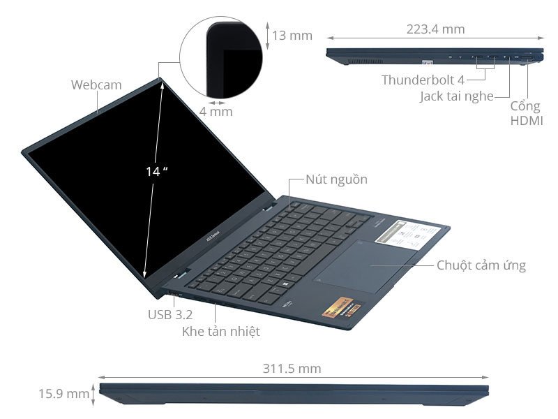 Laptop Asus Zenbook 14 Flip OLED UP3404VA-KN038W (Intel Core i5-1340P | 16GB | 512GB | Intel Iris Plus | 14.0-inch OLED WQXGA+ | Win 11 | Xanh)
