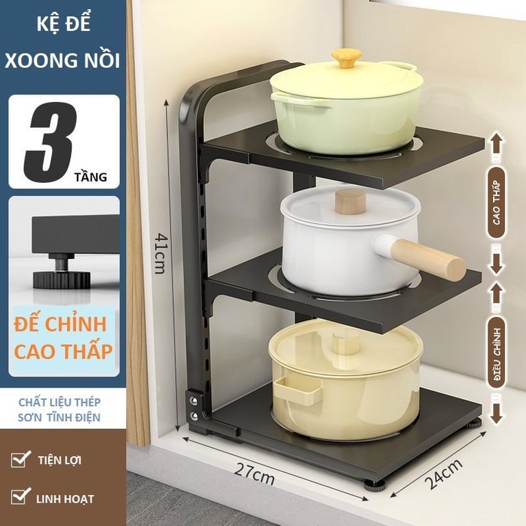 Kệ để xoong nồi nhiều tầng, kệ để đồ gầm bếp và tủ bếp tiện lợi loại 2 tầng- 3 tầng #HK01