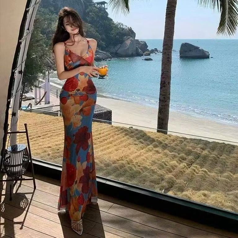 Đầm maxi thắt lưng họa tiết nhiệt đới