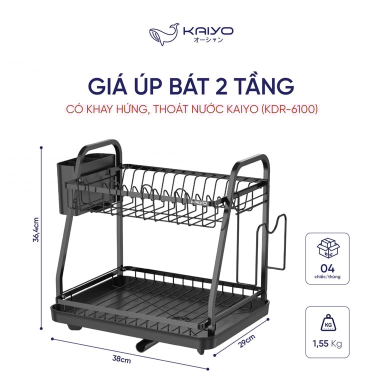 Giá úp bát 2 tầng có khay hứng thoát nước mọi hướng Kaiyo