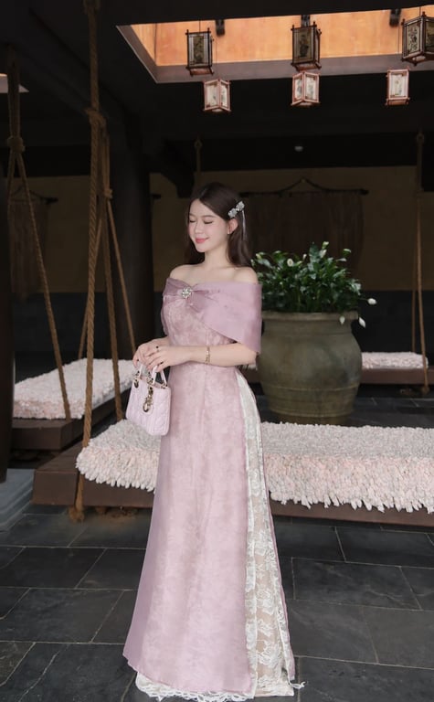 AD trễ vai nơ hồng lót ren S/M/L