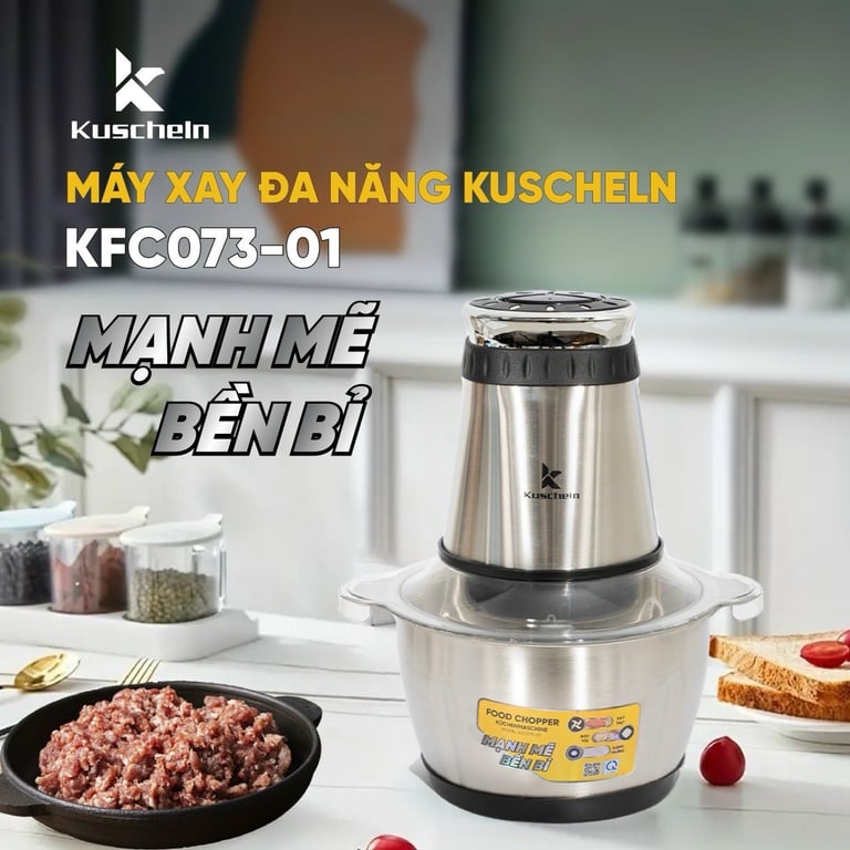 Máy Xay KUSCHELN 2L Cối Inox 304 Kèm Đầu Bóc Tỏi, Đánh Trứng