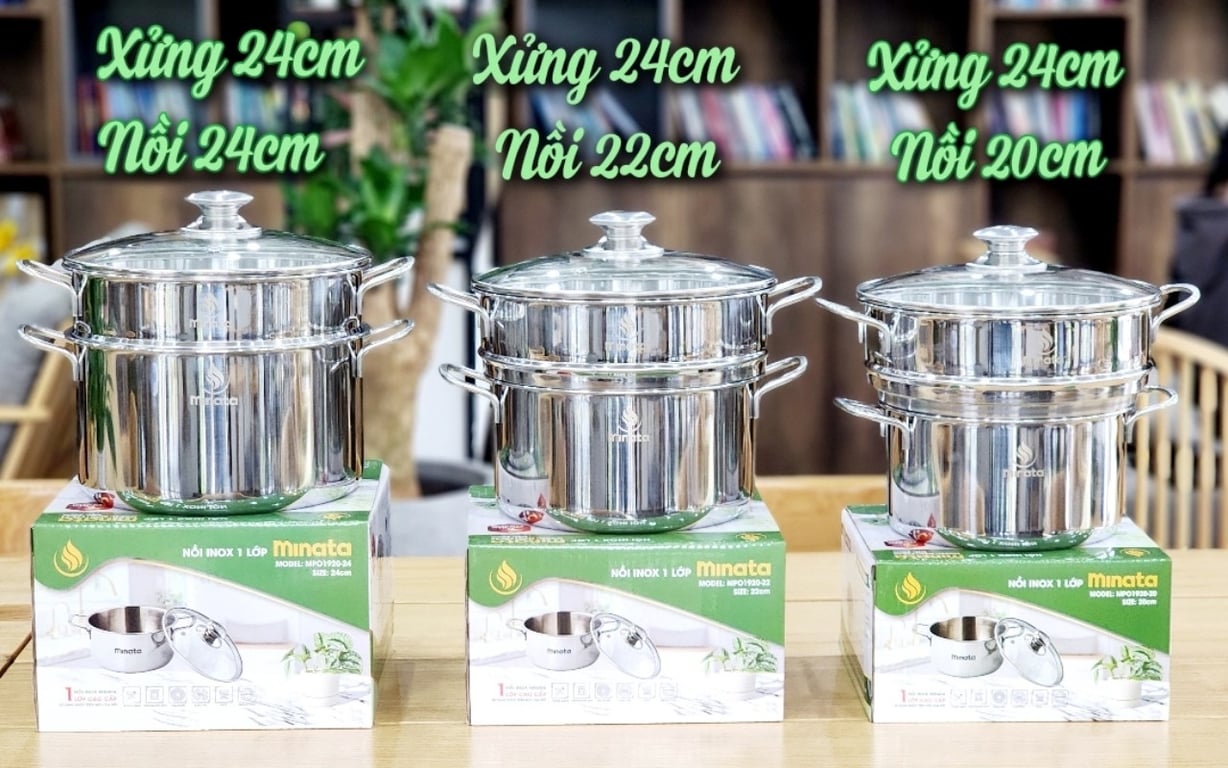 Xửng hấp 3 nấc inox - kèm VUNG KÍNH Minata size 24cm
