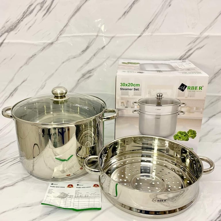 NỒI LUỘC GÀ ARBER 13L (AN30L) inox 304 kèm xửng hấp nắp kính