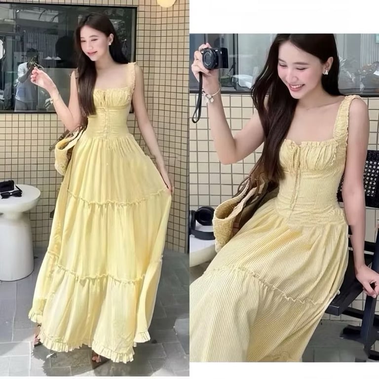 Váy Maxi 2 Dây Form Xòe Hàng 2 Lớp Chun Nhúm Ngực