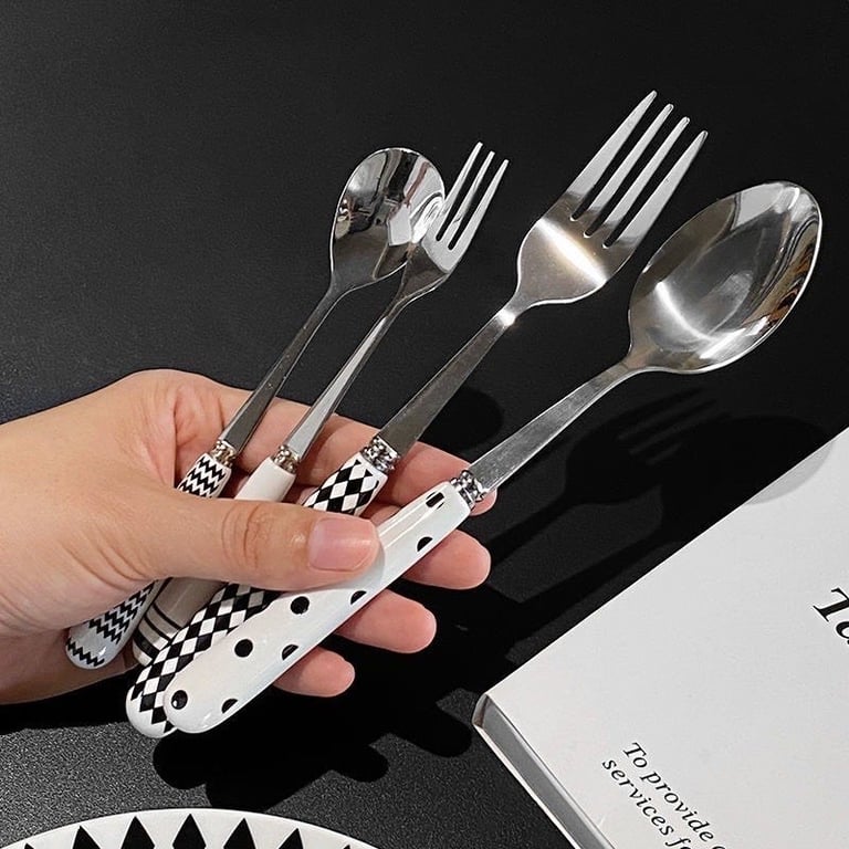 Set Dao Thìa Nĩa ăn Steak Hepburn - Tay cầm sứ bọc inox 304 chống gỉ phong cách Bắc Âu