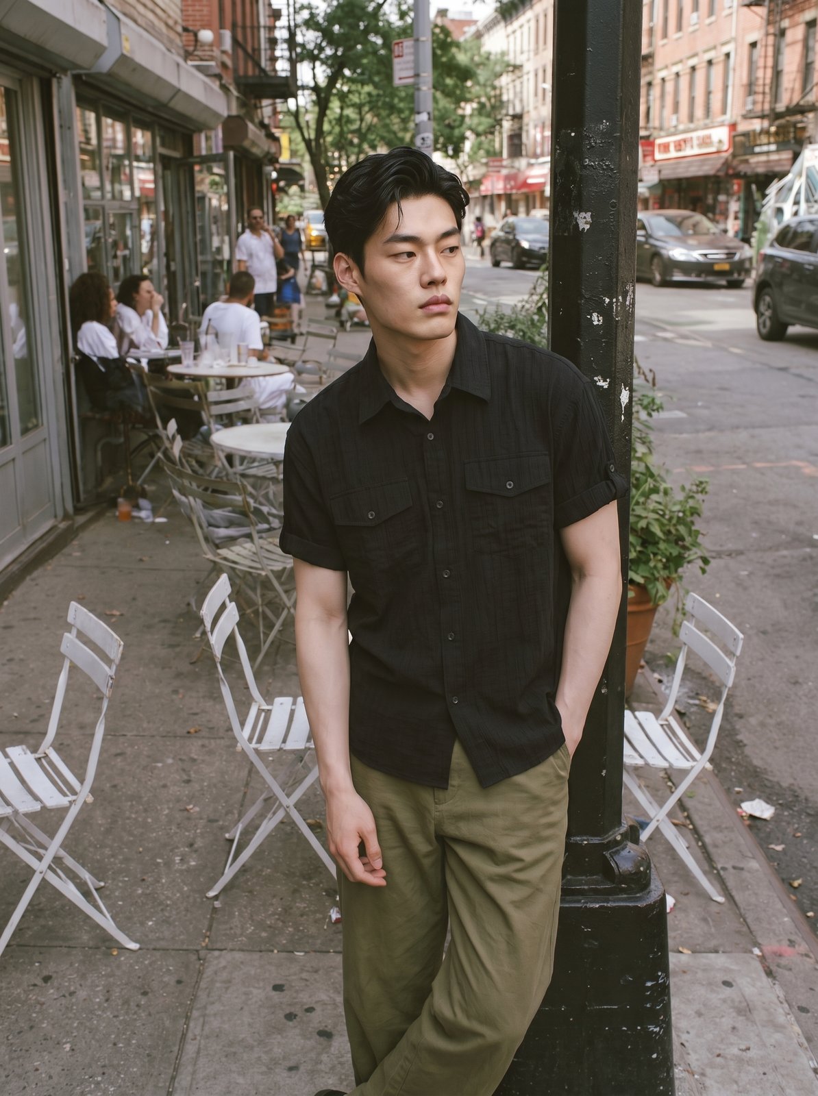 조금 확장 — 같은 카페 앞, 가로등 기둥에 기대선 컷