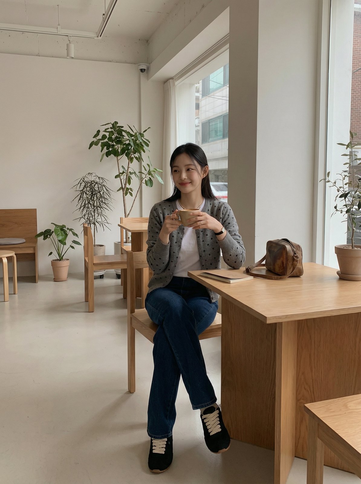 세트 A 결과 1: 카페 좌석, 가디건+데님+스니커즈 착용