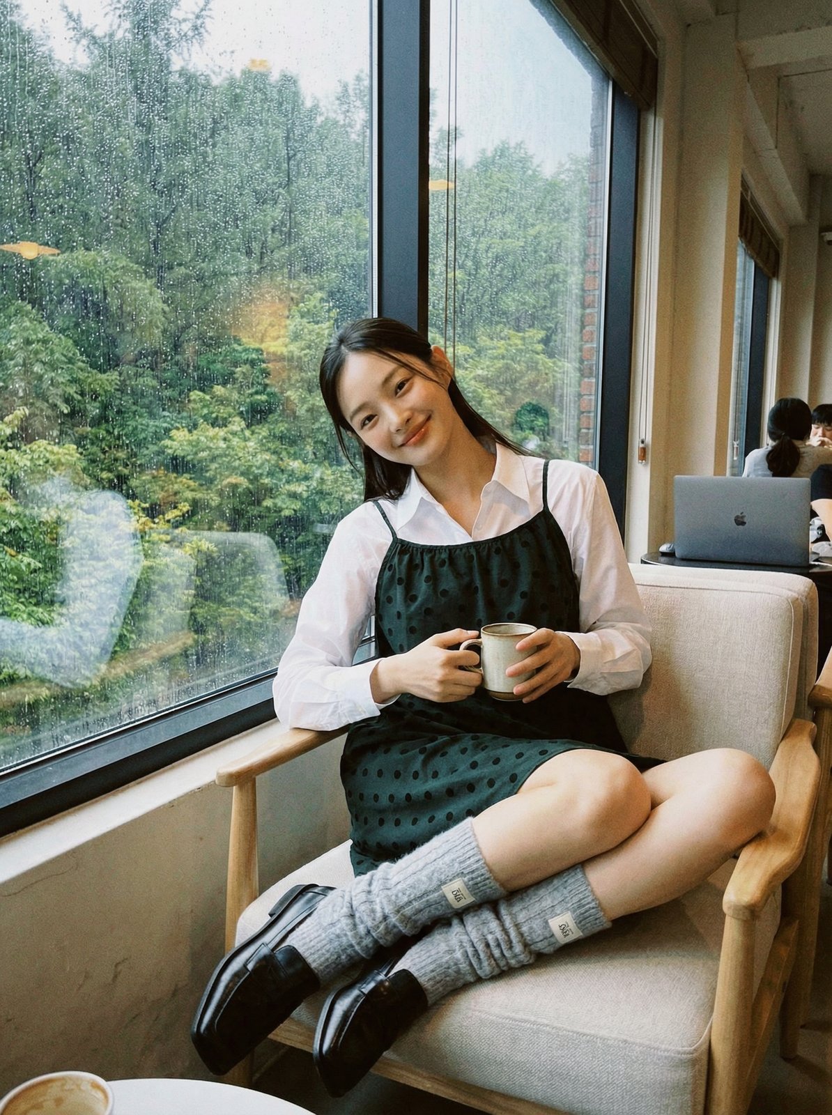 세트 B 결과 4: 창가, 커피 들고 미소