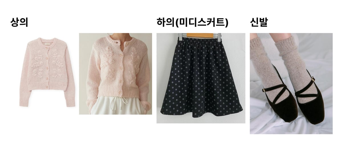 핑크 가디건 + 블랙 도트 스커트 + 메리제인 슈즈 입력