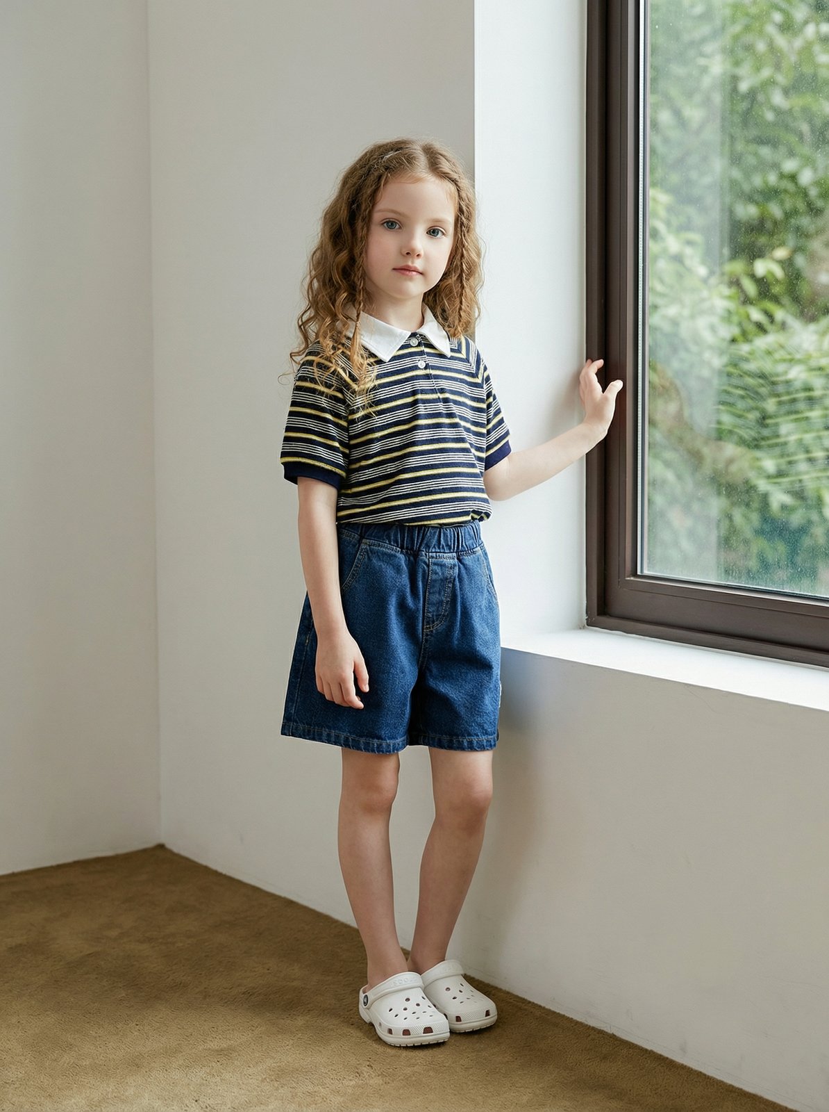 여아 AI 룩북 — 스트라이프 폴로에 데님 반바지