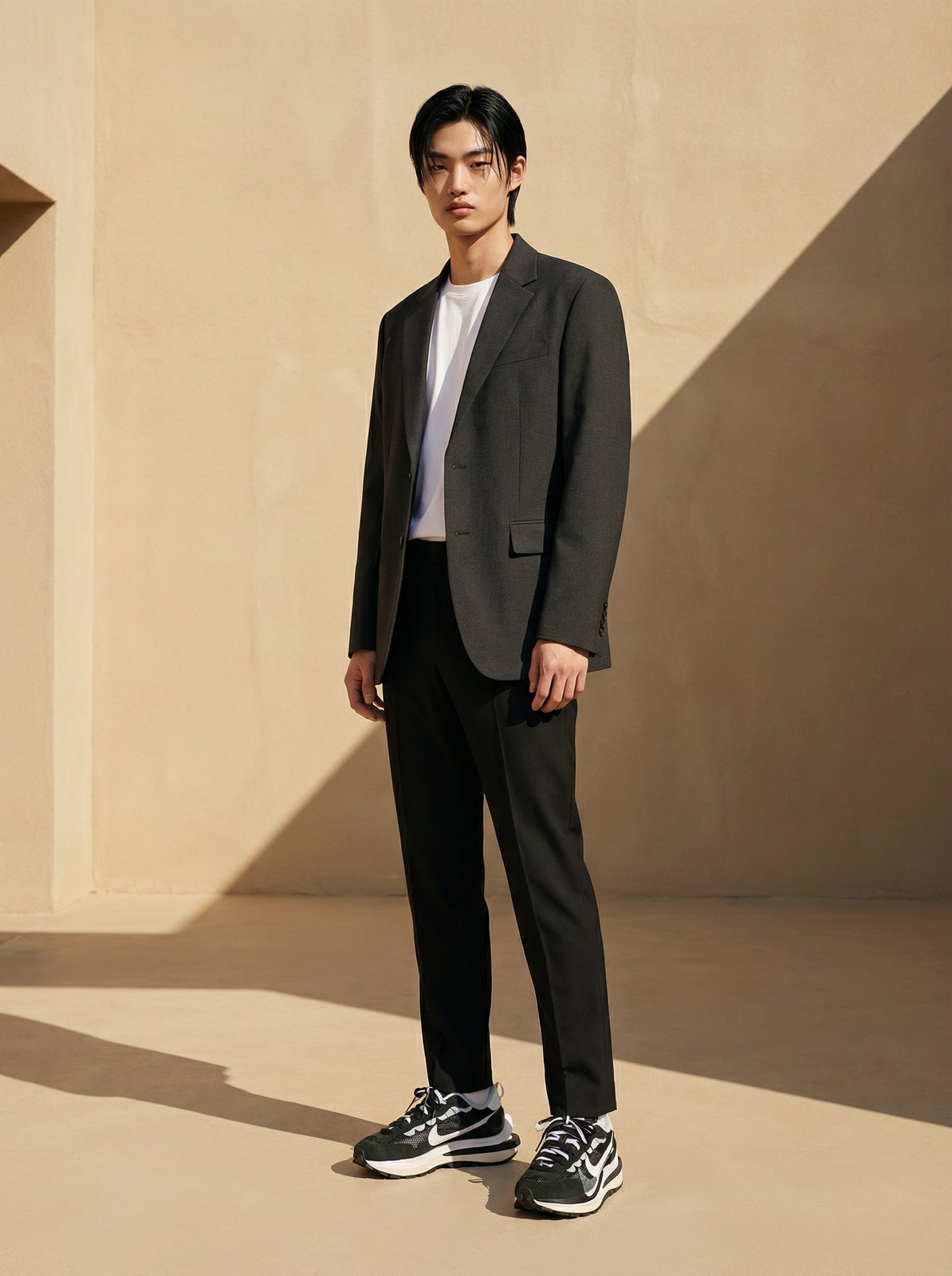 차콜 수트와 화이트 티를 입고 Nike Vaporwaffle을 신은 남성 모델, 기하학적 그림자 야외 배경