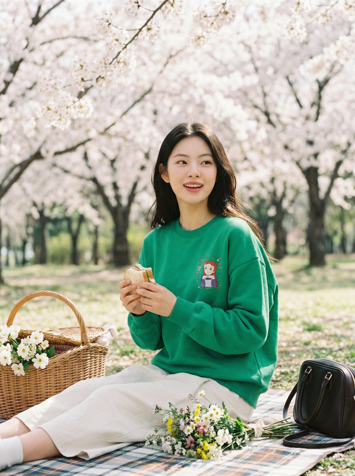 벚꽃 공원에 앉은 여성이 초록 맨투맨을 착용한 룩북 이미지