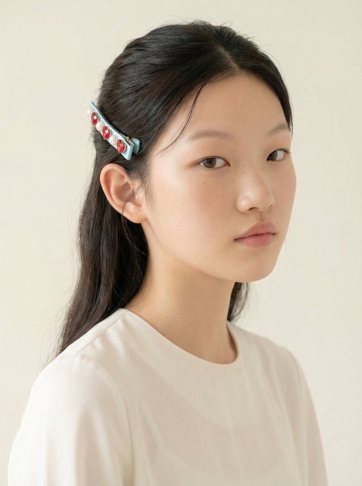 AI 룩북 결과 — 긴 흑발 여성 모델, 블루 머리핀 착용, 흰 티셔츠, 측면 3/4 앵글, 베이지 배경