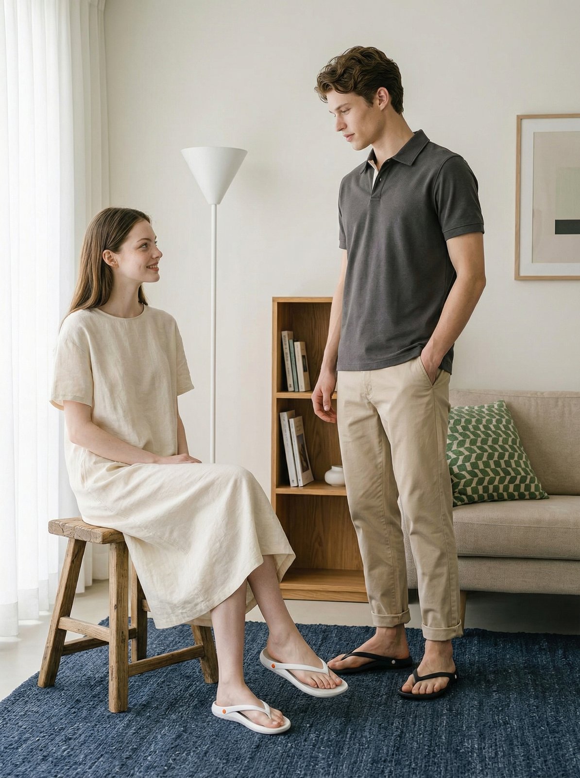 Couple shot: woman on stool, man standing — sandal colors do not match input