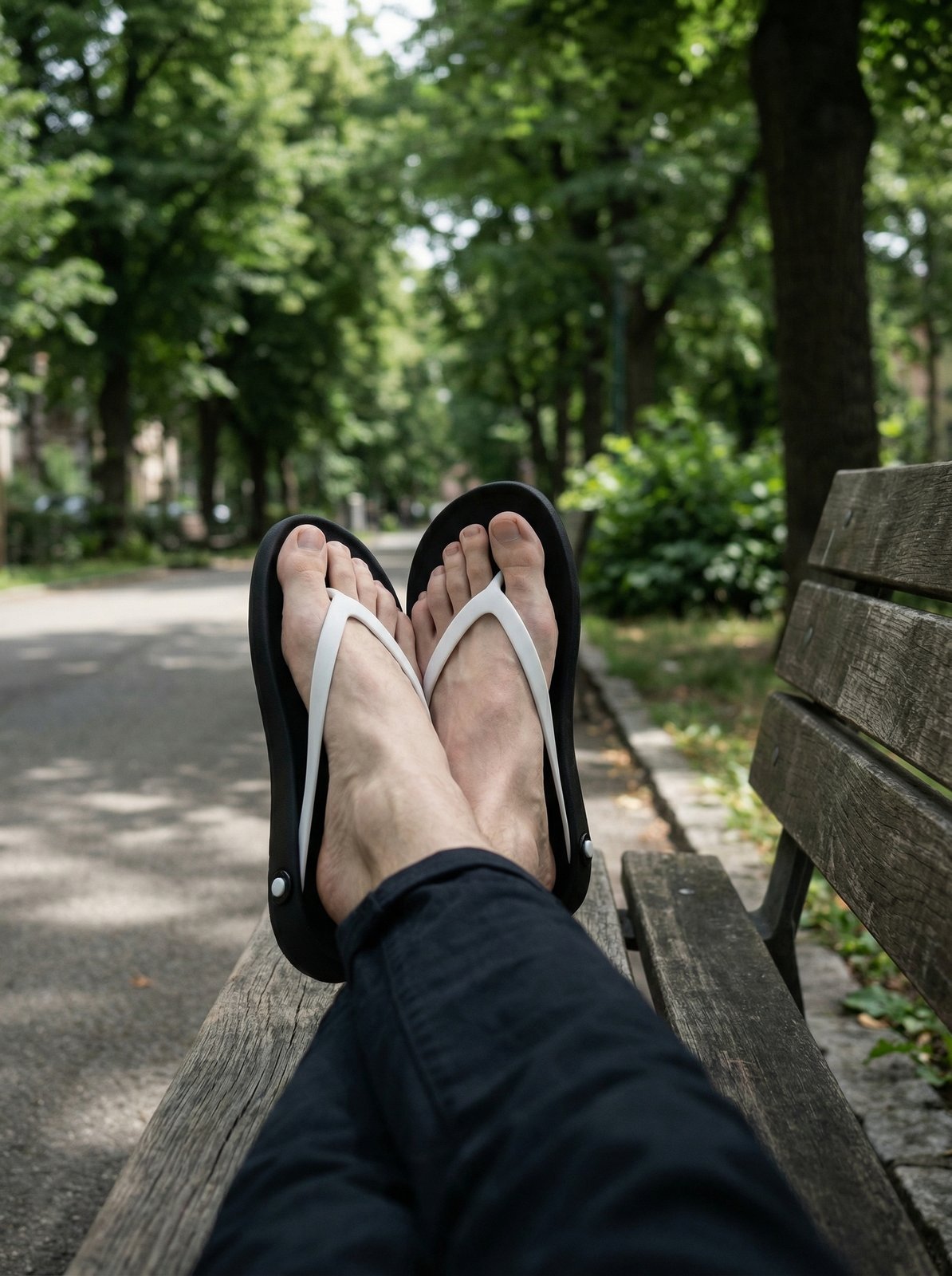 Foot close-up on a bench: Y-strap and sole color clearly visible