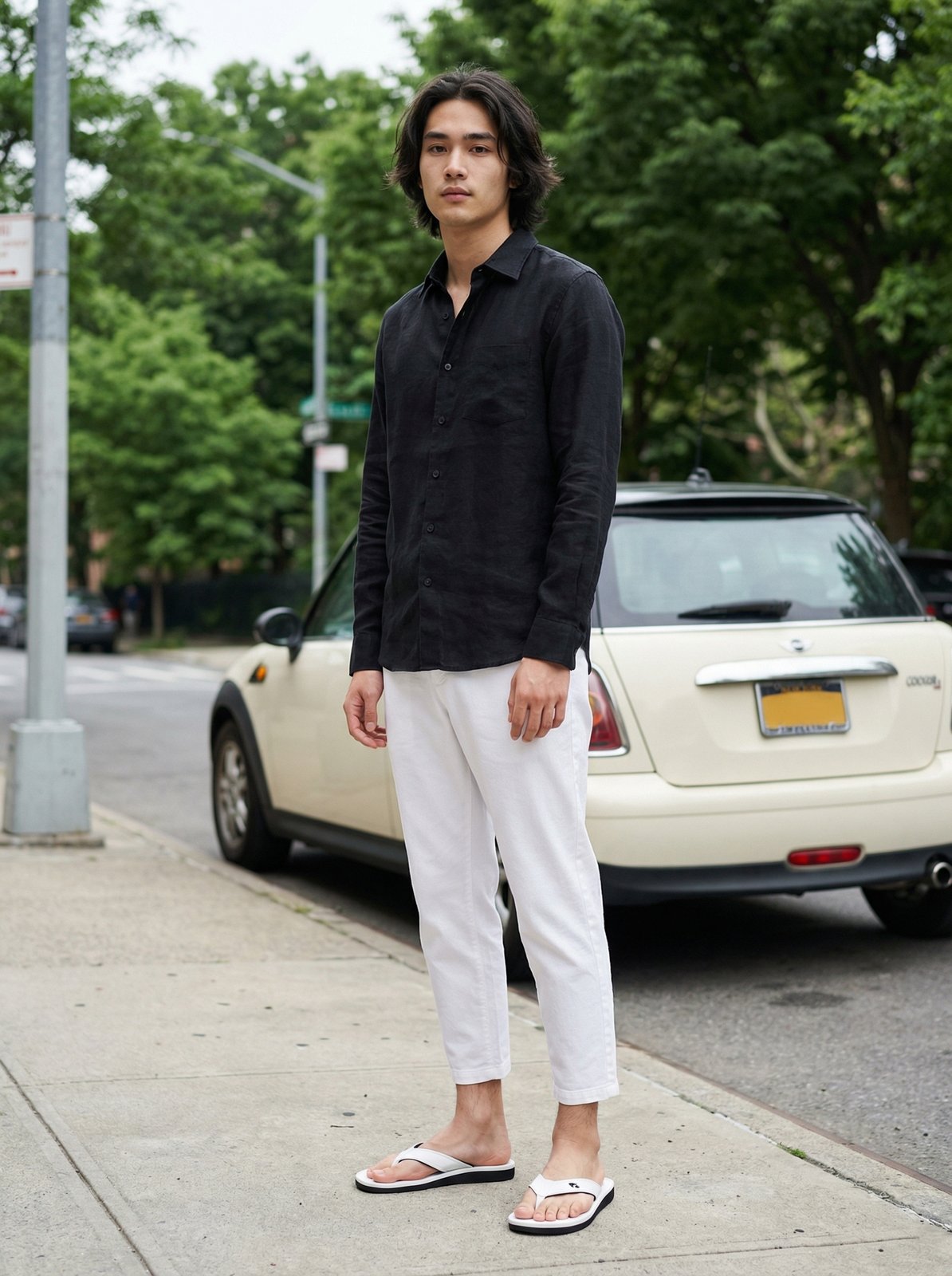 Street casual: man in summer outfit — sandal colors do not match input