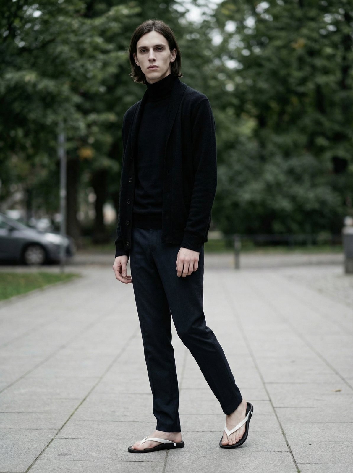 Street shot: all-black outfit with flip-flops, product color accurate