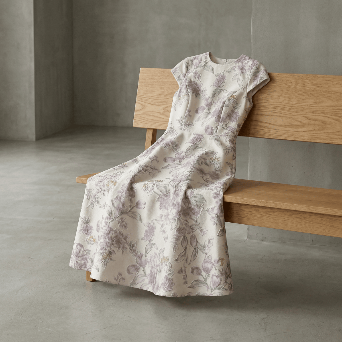 플로럴 원피스, 미니멀한 오크 벤치 위에 드레이핑