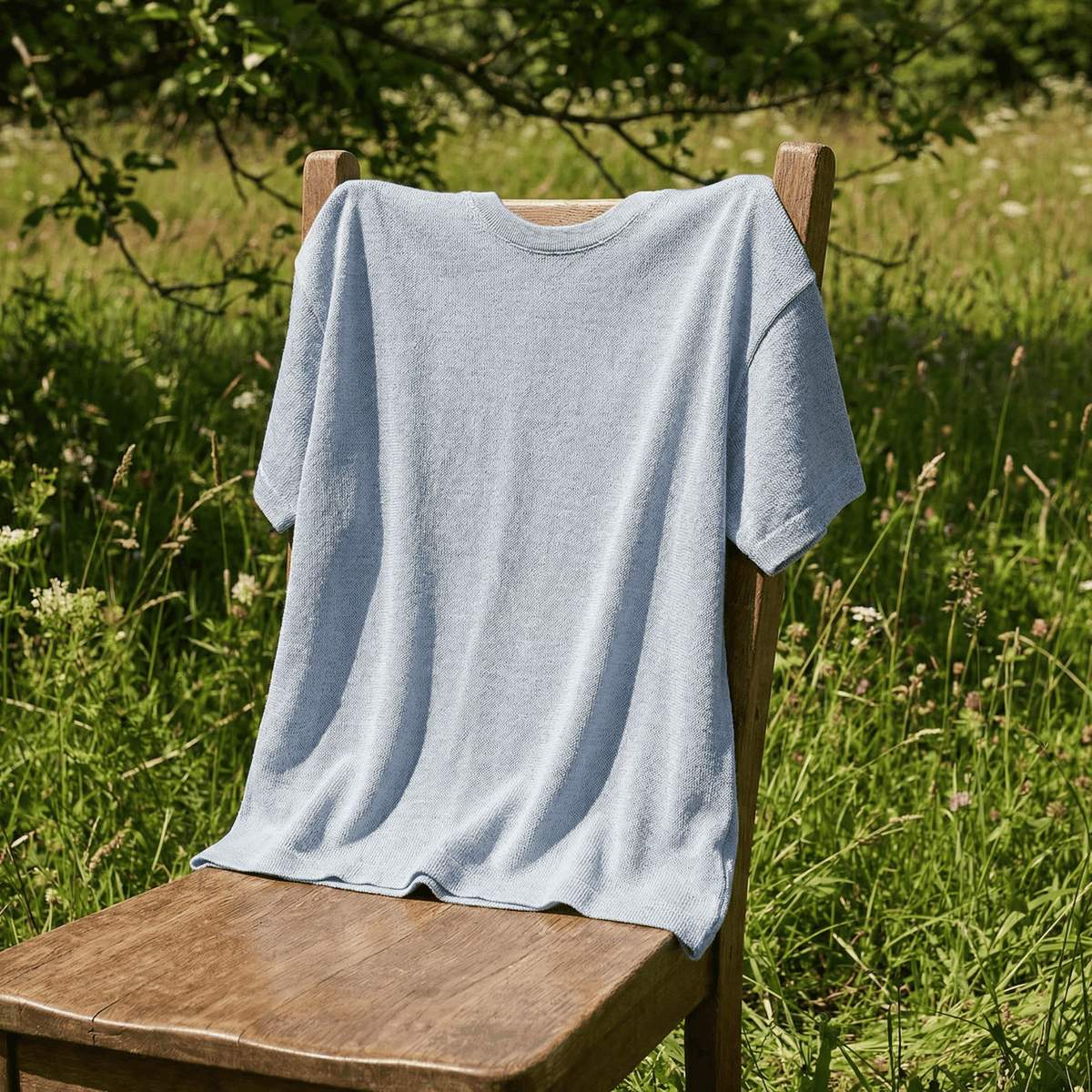 블루 니트 티셔츠, 야외 나무 의자에 드레이핑