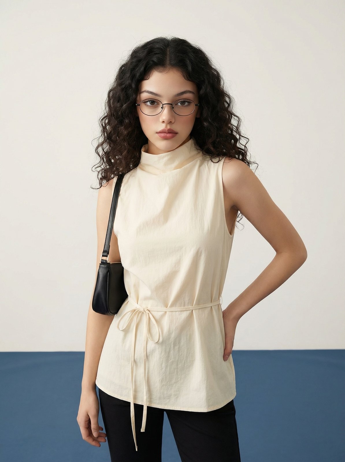 AI 스타일링 결과 — 같은 블라우스에 안경+크로스백 코디