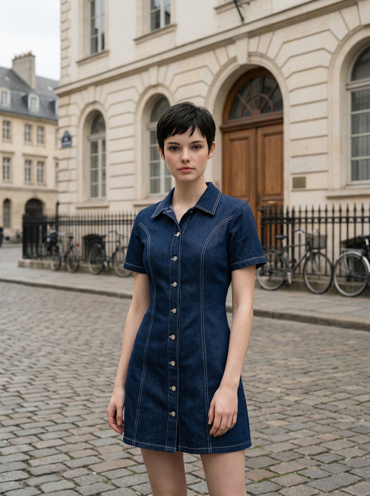 AI 가상 모델 사진 — 데님 원피스 유럽 거리 배경 착용컷