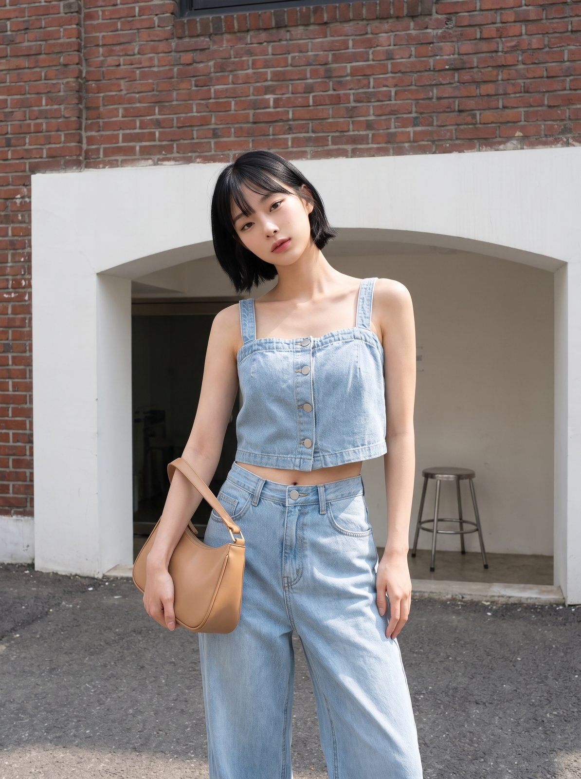 같은 모델·같은 옷, 붉은 벽돌 건물 앞 거리 컷