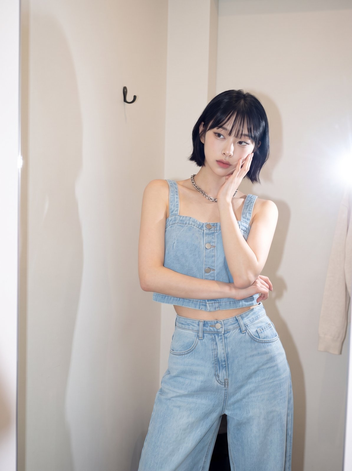 같은 모델·같은 옷, 피팅룸 실내 상반신 컷
