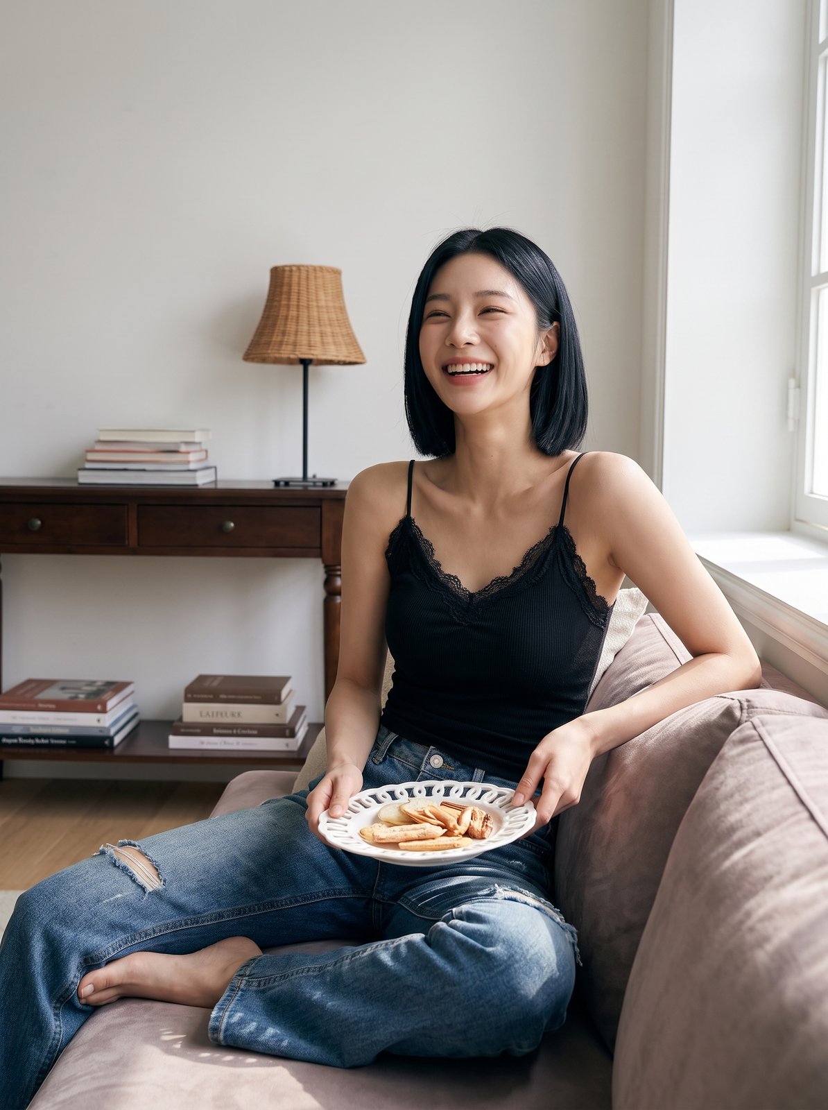 대표 모델 — 소파에서 웃고 있는 일상 스냅 컷