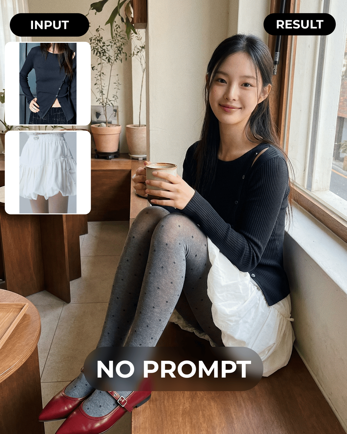 입력 이미지 — 블랙 니트+화이트 스커트 플랫레이를 라온젠에 업로드, 카페 배경 자동 생성