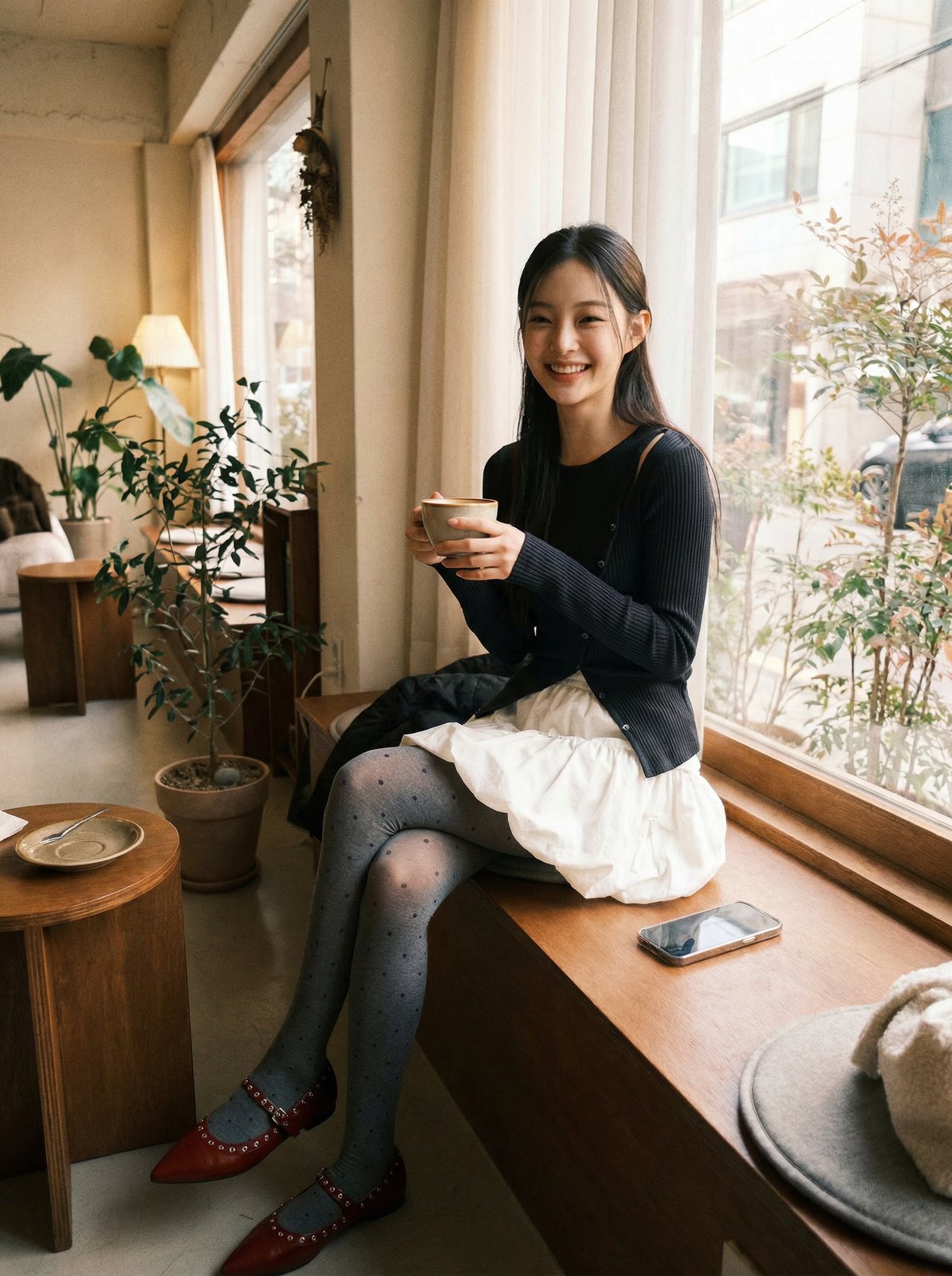 Same Outfit, Same Cafe, Four Poses — No Prompt Needed