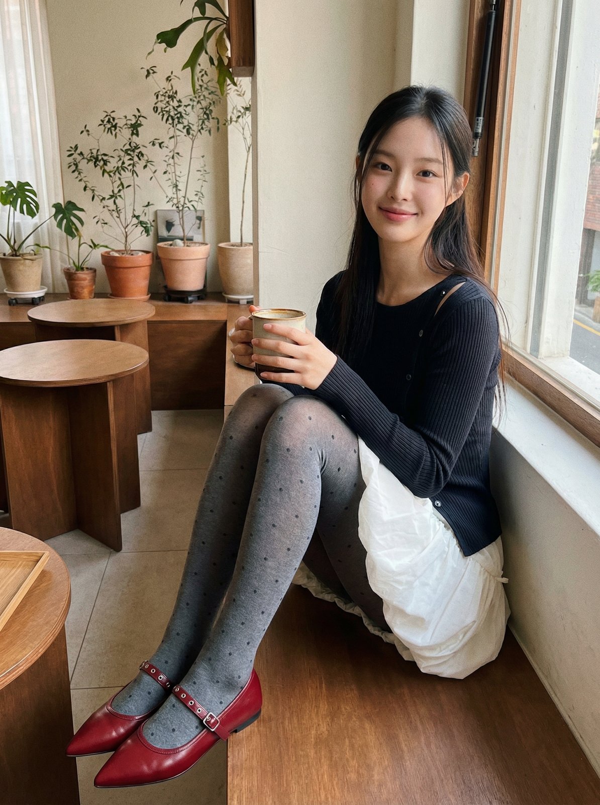 카페 창가 바닥에 앉아 있는 모습, 자연광, 빨간 메리제인 슈즈