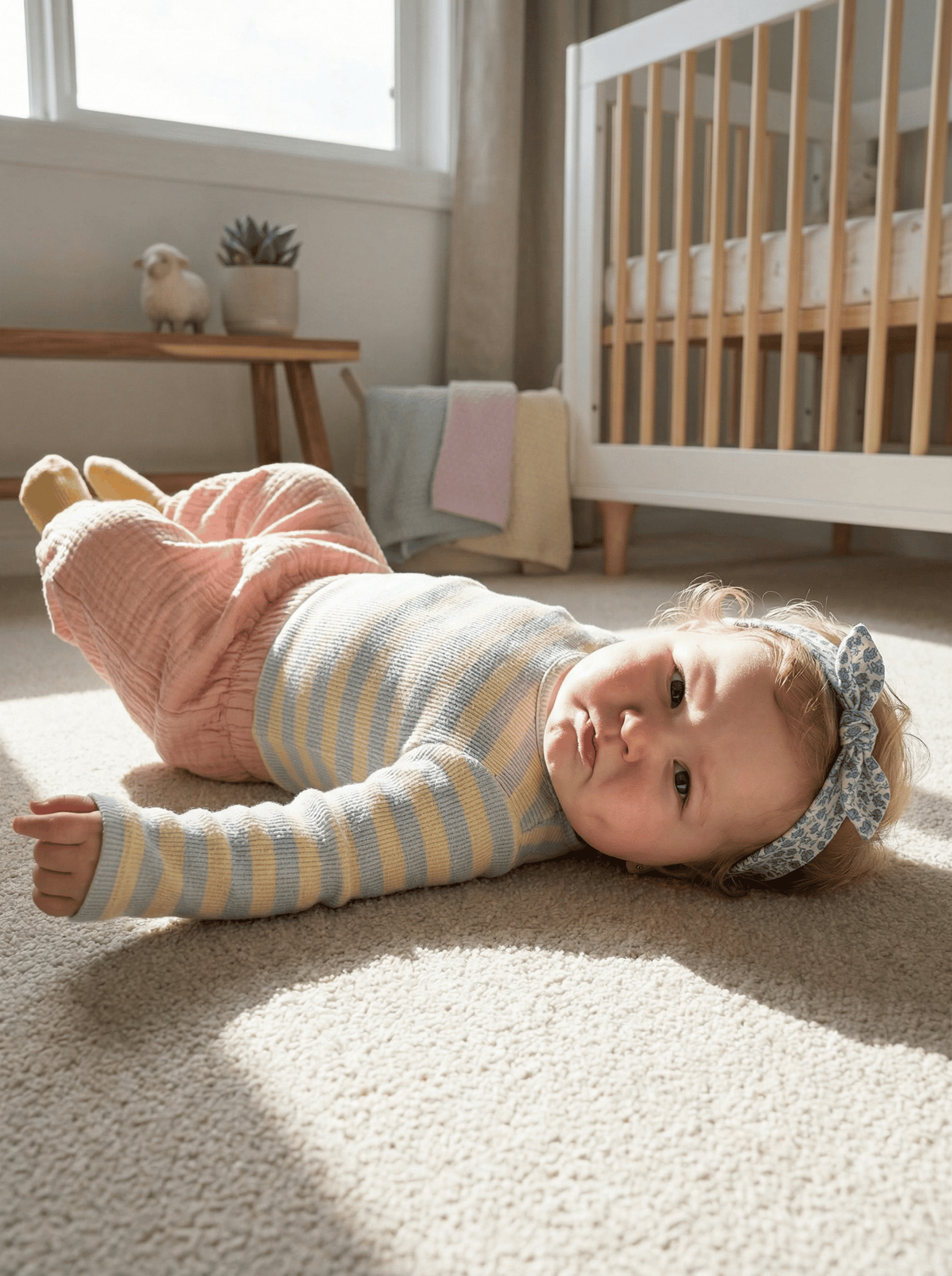 여아 모델, 착용 상태, 바닥에 누운 포즈