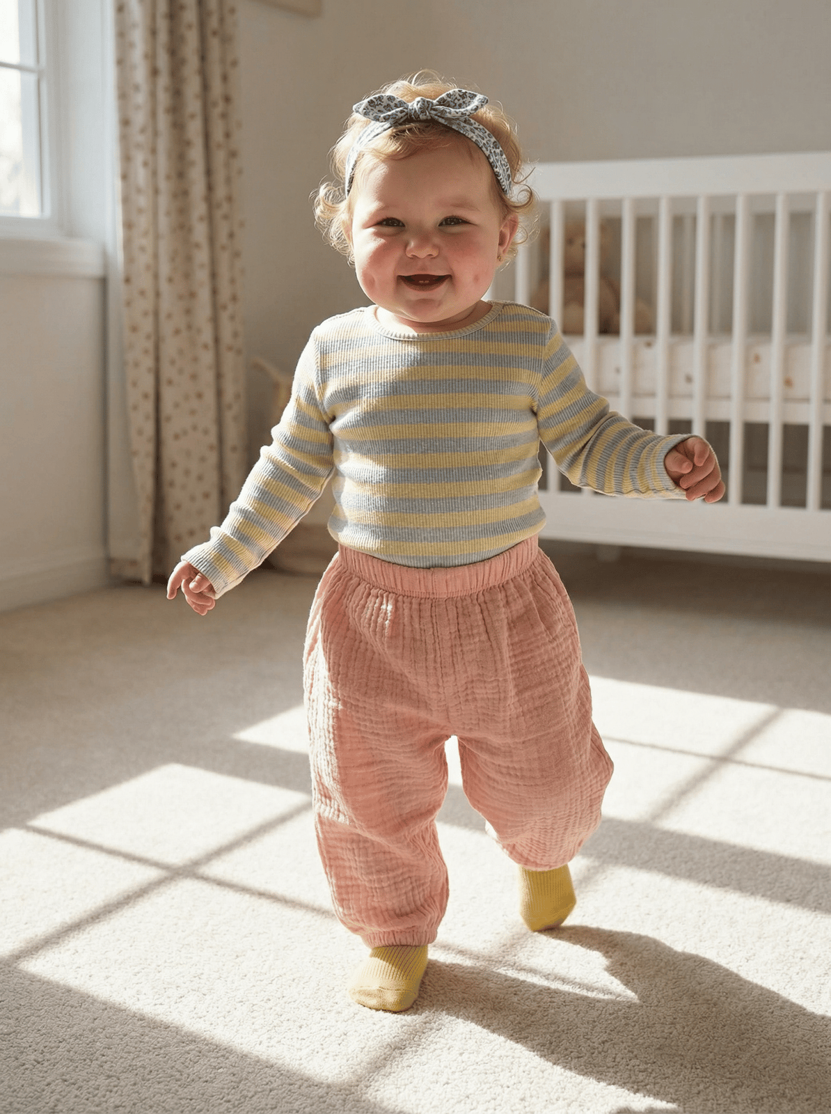 여아 모델, 라벤더 바지+티셔츠, 서있는 포즈