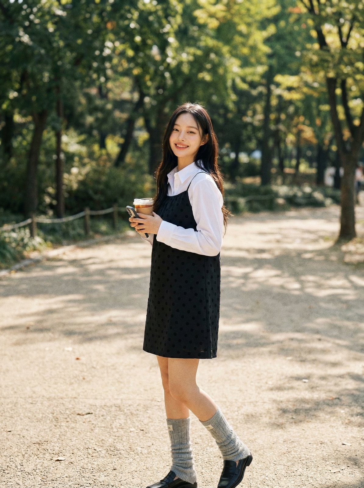 야외 공원 산책, 컵 들고 걷는 모델