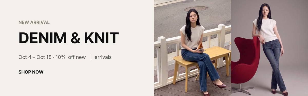A new-arrival banner made with the Canvas Wide banner template: 'Denim & Knit' copy and sale dates on the left, two on-model shots on the right