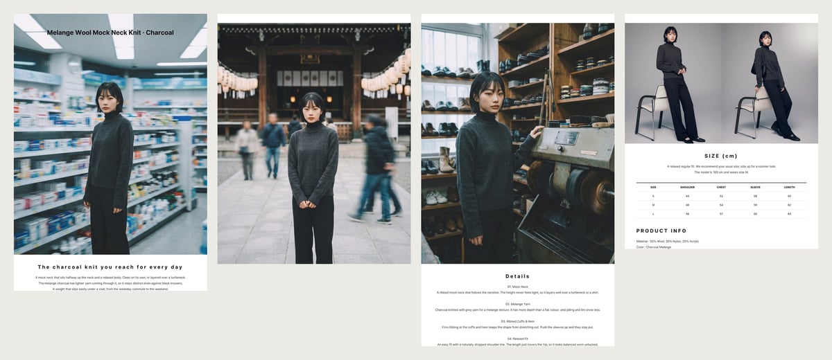 A knit detail page made in Canvas, shown as four images side by side: a main photo with the product name, on-model shots, detail notes, and a size chart with product information