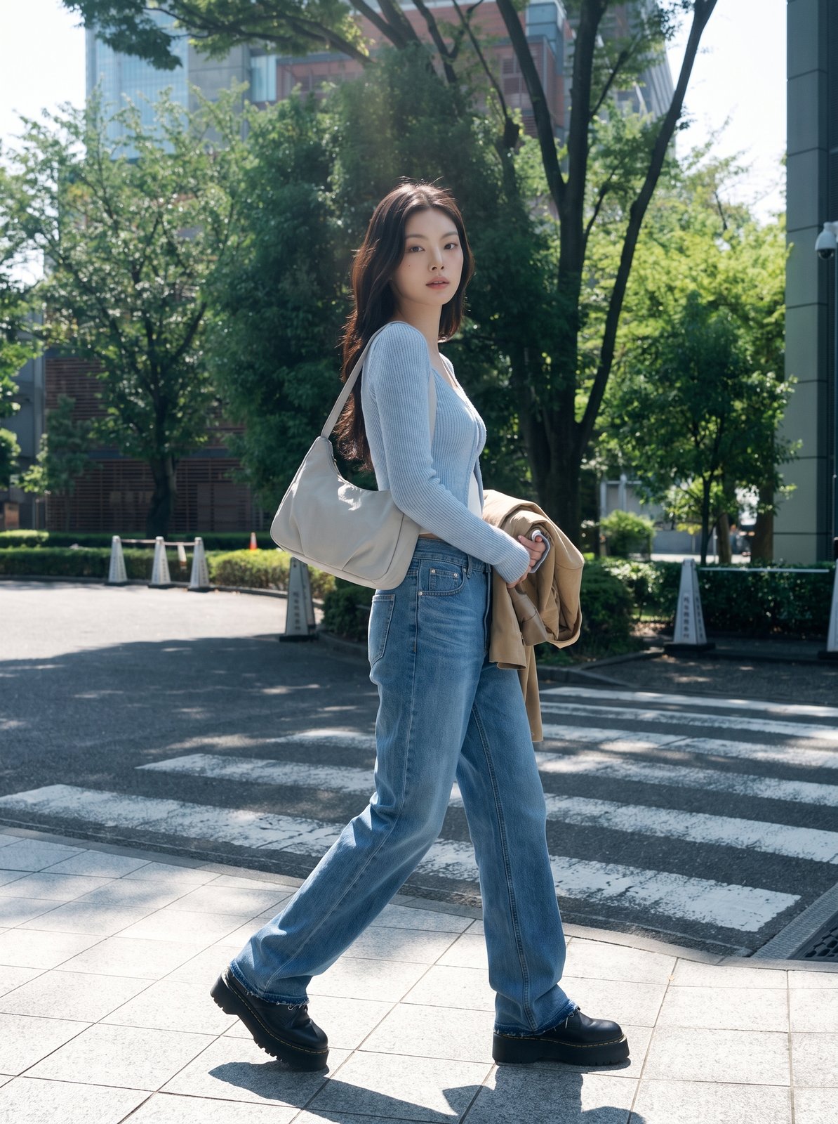 옷과 모델은 그대로 두고 횡단보도를 걷는 장면으로 바꾼 컷