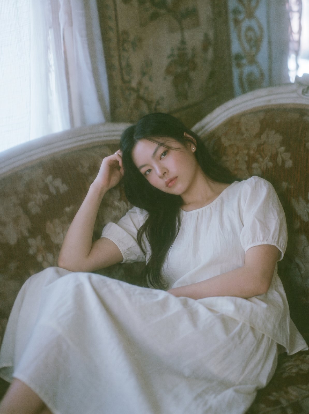 선택한 씬 — 커튼 옆 앤티크 소파에 기대앉은 무드 컷