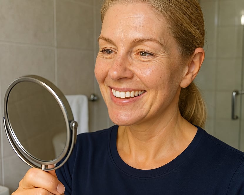 Woman smiling with hand mirror after using Sonicsmooth Pro+