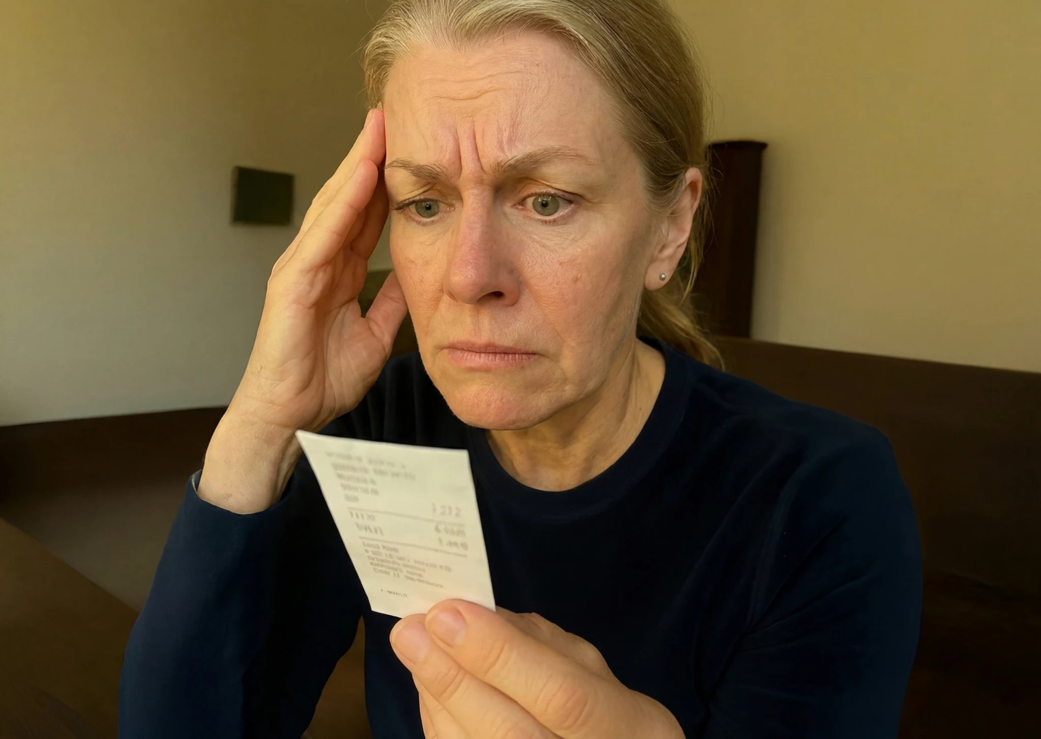 Woman looking worried at a bill