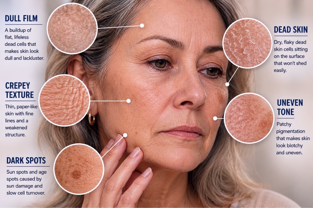 Diagram of a woman's face showing dull film, crepey texture, dark spots, dead skin, and uneven tone