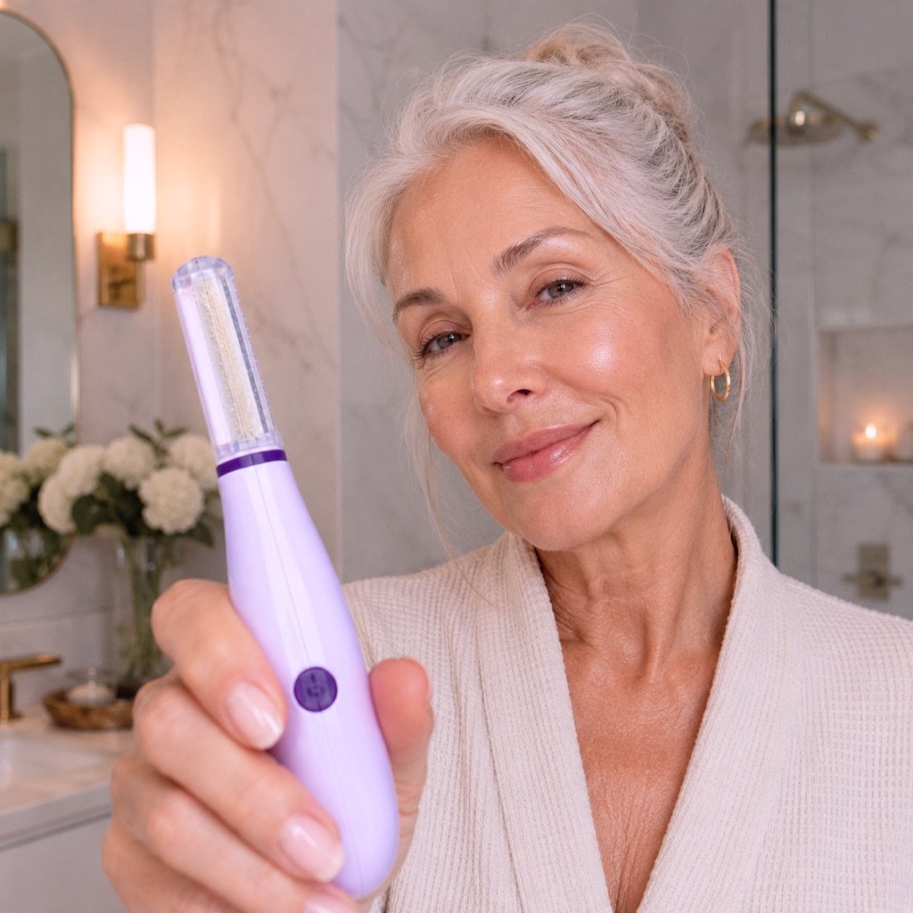 Woman over 40 with radiant skin holding the SonicSmooth Pro+ device