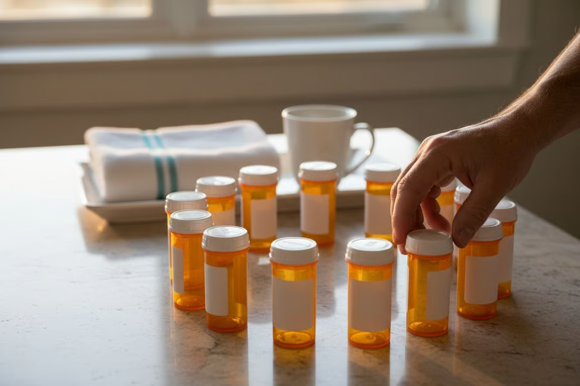 A table full of prescription pill bottles
